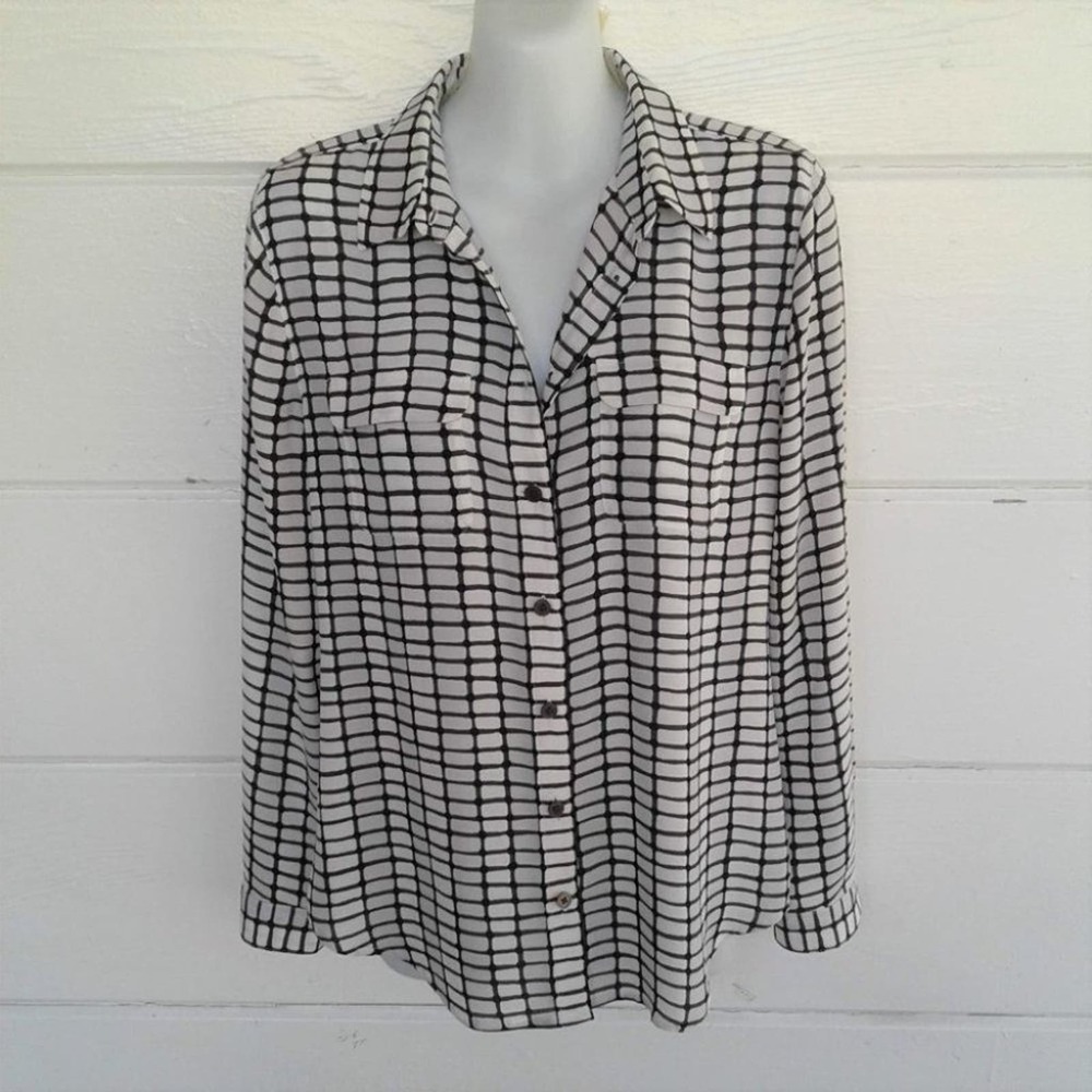 Loft Women's White Black Button Front Shirt Long Sleeves Small Petite